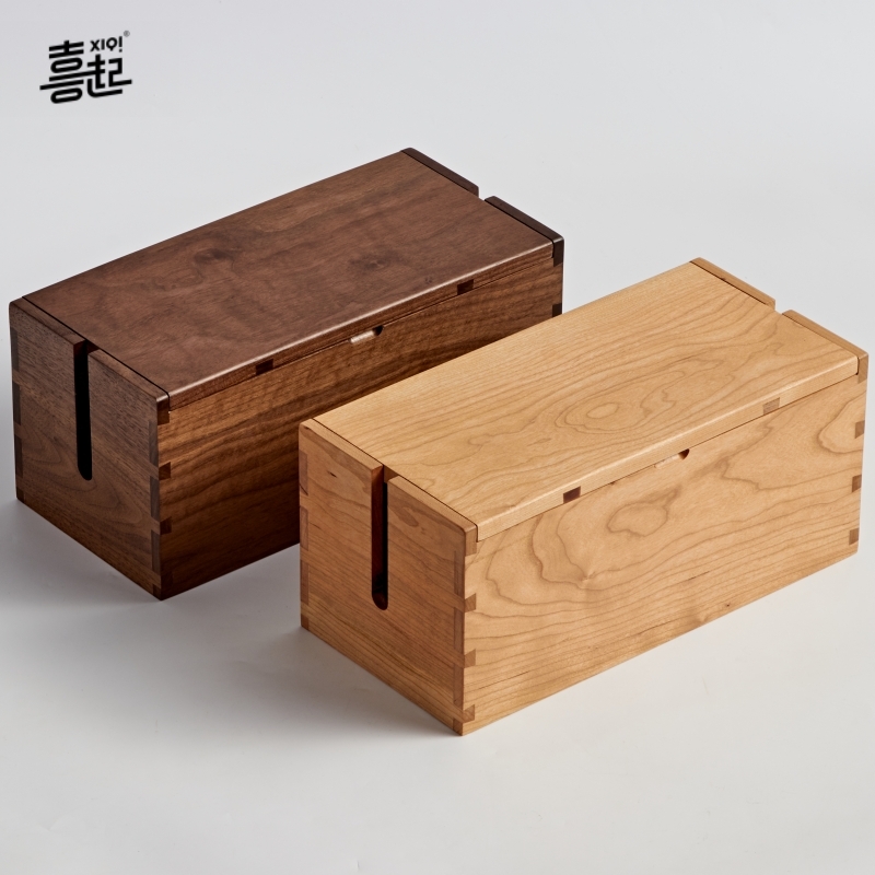 黑胡桃实木排插收纳盒木质桌面插座插线板整理盒装饰集线盒子