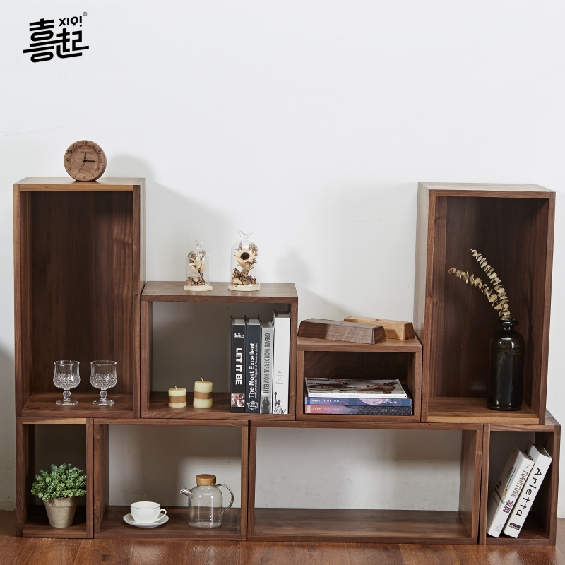 喜起黑胡桃实木格子架 自由组合书架书柜简约木质落地置物架花架