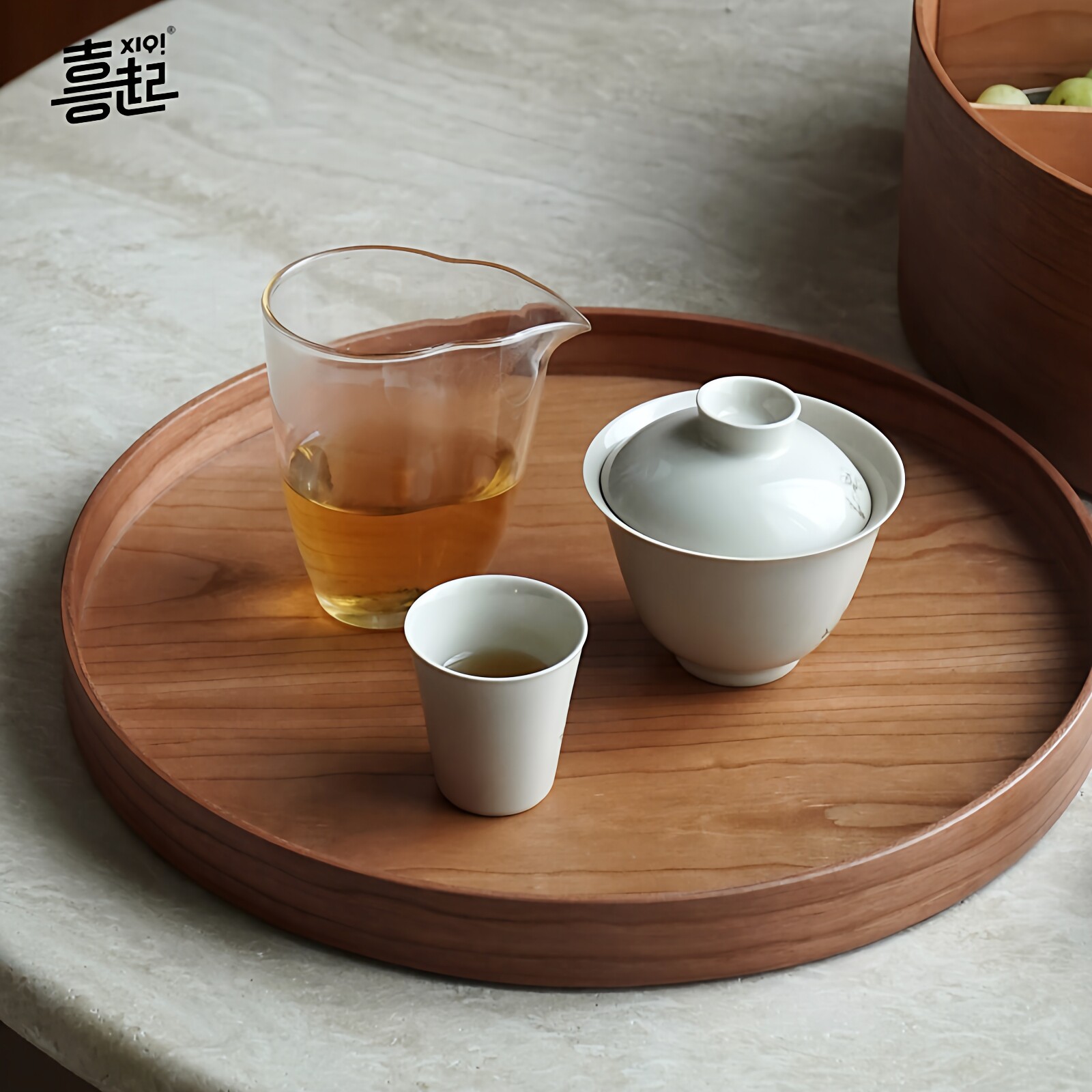 喜起曲木圆形收纳木托盘图片