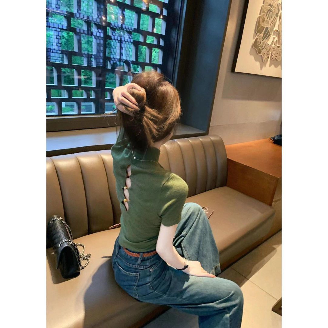 镂空薄款短袖针织衫女夏季2025新款单穿修身显瘦牛油果绿上衣
