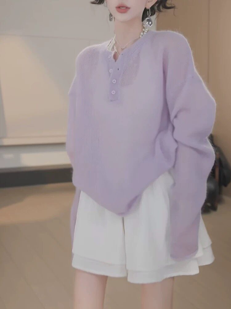 反季清^微透薄款蓝色针织衫女早秋季马海毛慵懒防晒罩衫长袖上衣