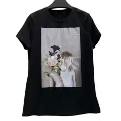 Shengdi Cut Label Summer Women's Black Simple Casual Round Neck Portrait Flower Print T-Shirt Top