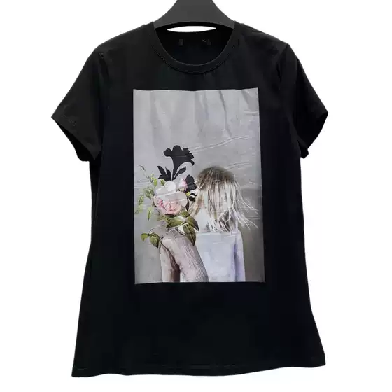 Shengdi Cut Label Summer Women's Black Simple Casual Round Neck Portrait Flower Print T-Shirt Top
