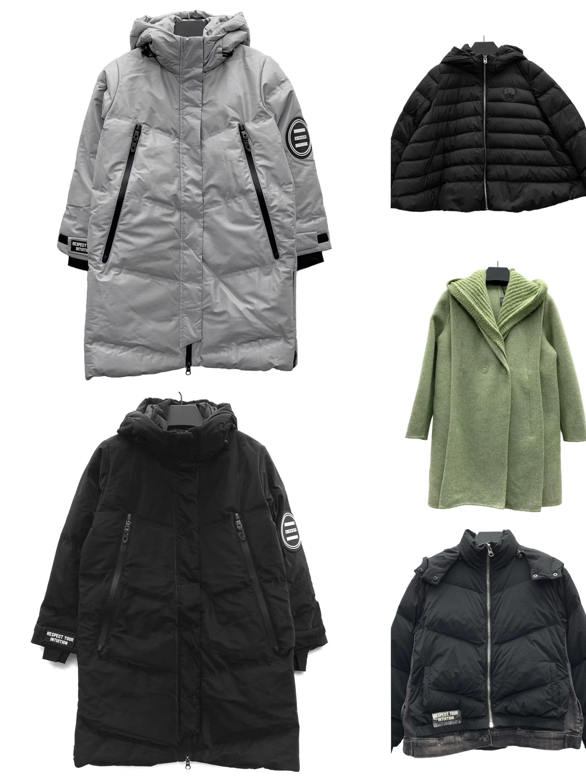 圣迪剪标冬季男女童装高领连帽时尚羽绒服草绿羊毛呢拼接大衣