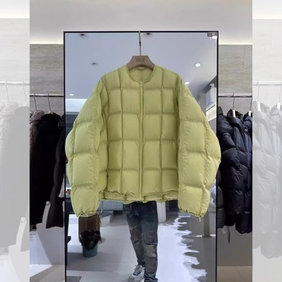 荧光黄云朵方块泡芙感长羽绒服