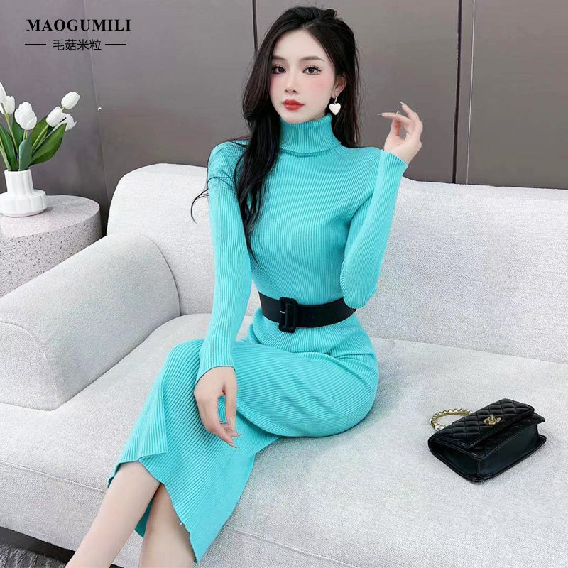 针织连衣裙女秋冬修身高领气质长款包臀配大衣的内搭打底毛衣裙子