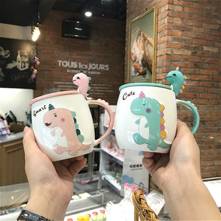 创意儿童马克杯带盖勺可爱小恐龙陶瓷喝水杯家用恒温早餐牛奶杯子