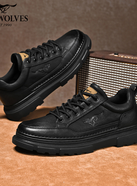 七匹狼男鞋秋冬商务休闲皮鞋厚底增高英伦风黑色低帮2025新款百搭