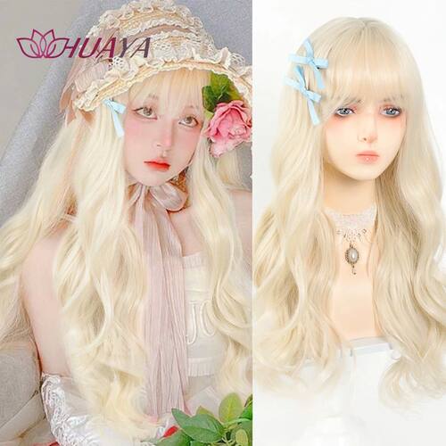 HUAYA Synthetic Lolita Wig Long Wavy Blonde Wigs with Bangs