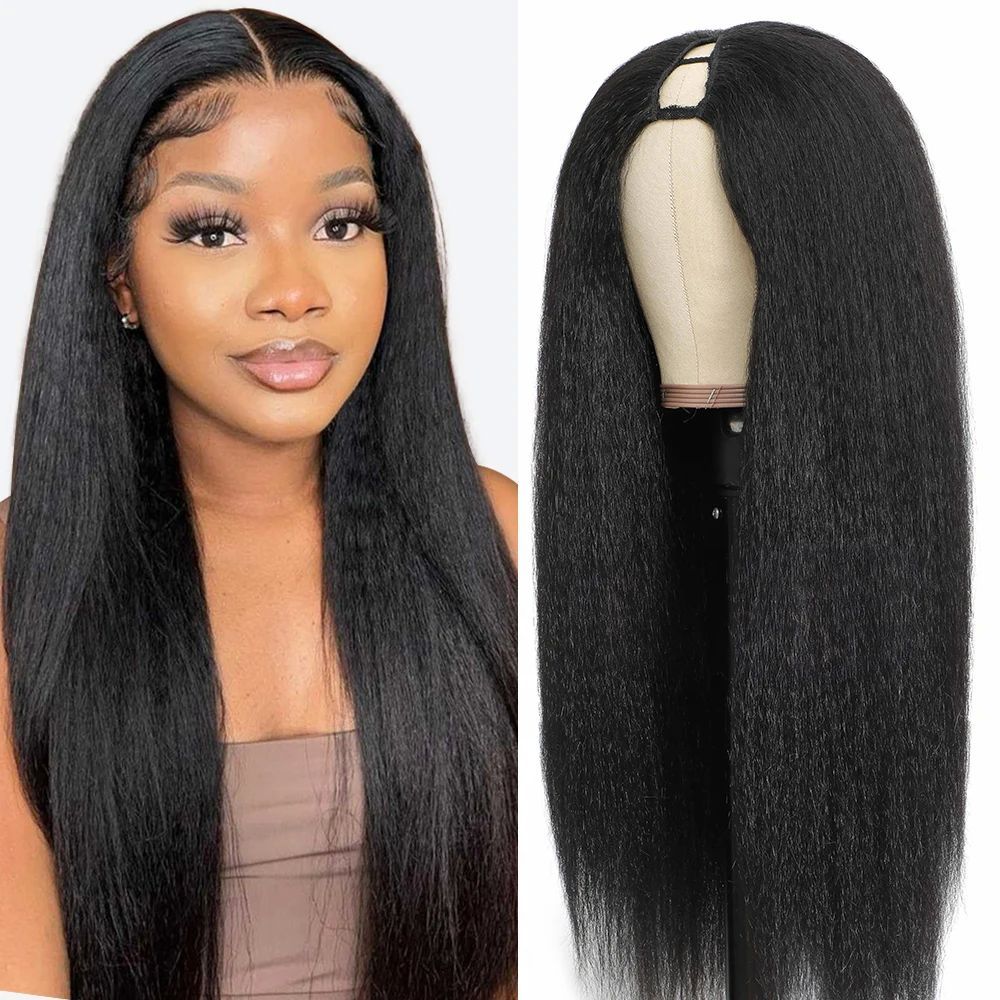 30 32 Inch Long Kinky Straight U Part Wigs Synthetic Hair V