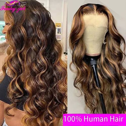 Highlight Body Wave Wig Human Hair Lace Wigs 4/27 Honey Blon