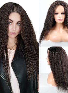 Long Puffy Kinky Curly Synthetic Wigs for Women Black Brown