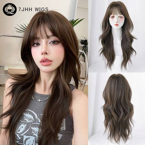 7JHH WIGS Loose Body Wavy Brown Hair Wigs with Neat Bangs Hi