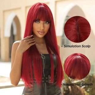 Red Wig For Women's Long Straight Hair Wig and Bangs Heat-Re