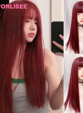 FORLISEE Synthetic Rose Wine Red Long Straight Hair With Ban