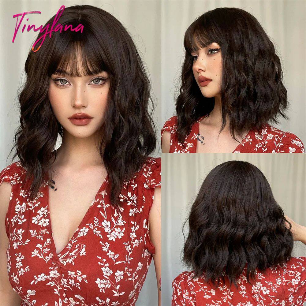 Bob Dark Brown Synthetic Wigs with Bangs for Women Short Bro