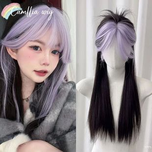 Ashely Wigs for Women Long Straight Black and Purple Wig for
