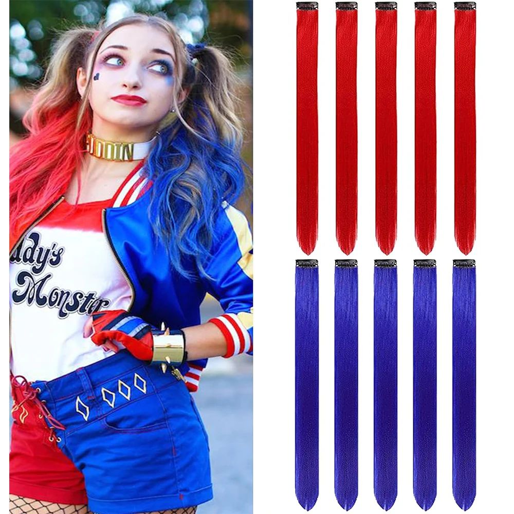 Synthetic 10 PC Hair Extensions Red and Blue Clip in SOlldag