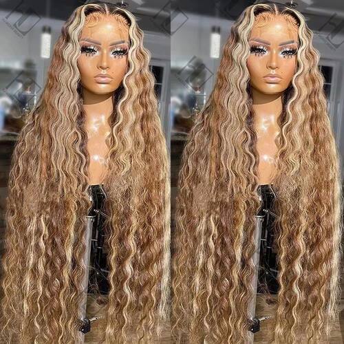 Pre Cut Highlight Wig Curly Human Hair 13x4 Deep Wave Bleach