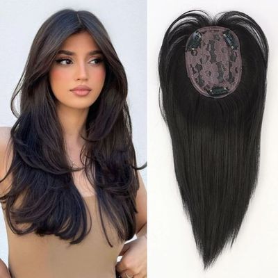 Synthetic 3 Clips In Topper Straight Hairpiece Black Brown W