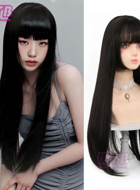 36 Inches Hime Cut Long Hair Wig for Women Black Synthetic H