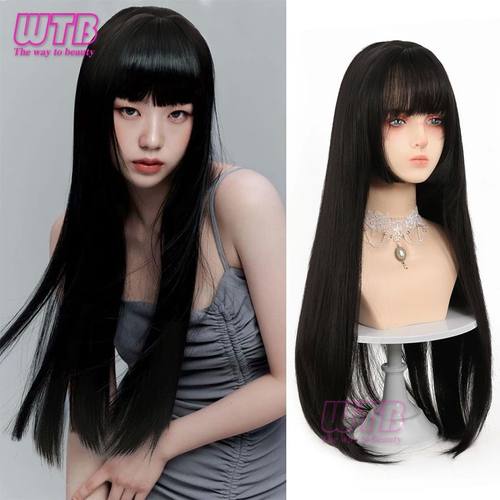 36 Inches Hime Cut Long Hair Wig for Women Black Synthetic H