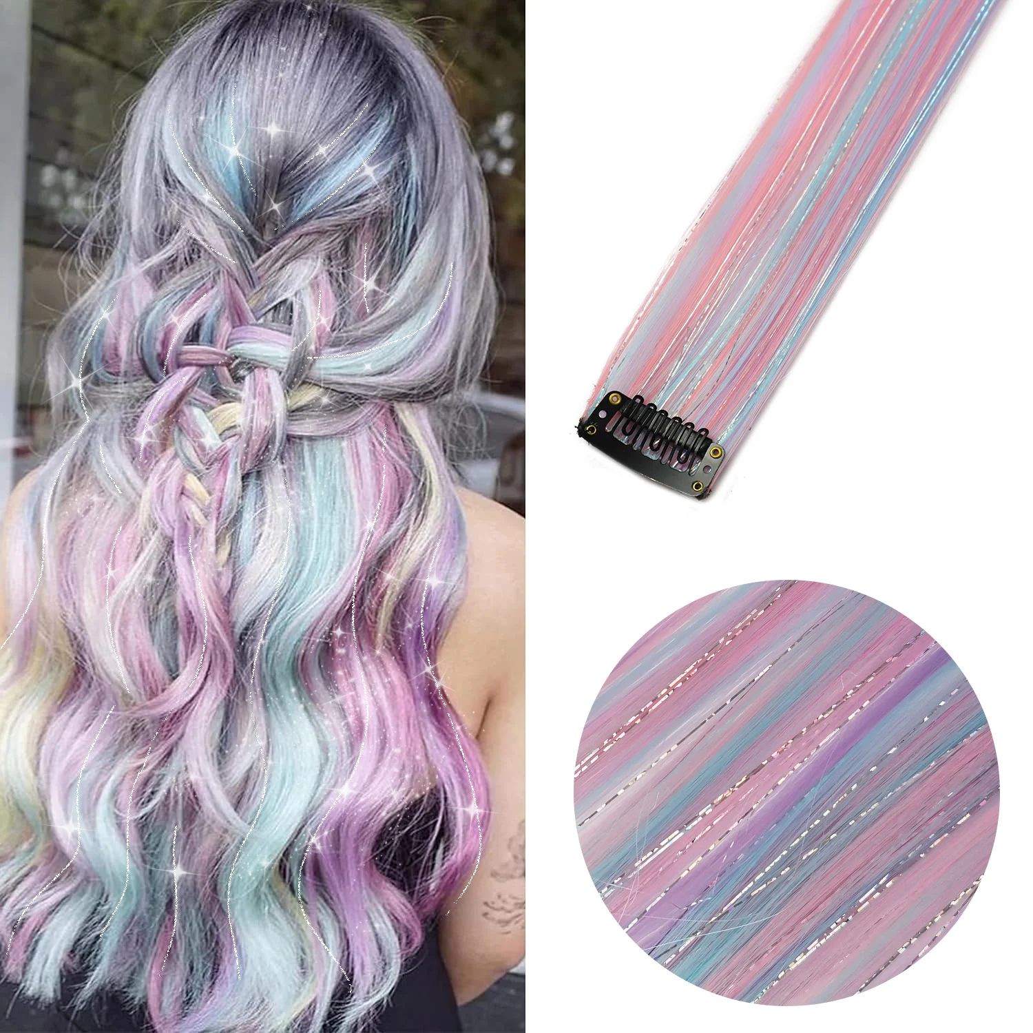 Unicorn Clip in Colored Hair Extensions Mixed Silver Tinsels