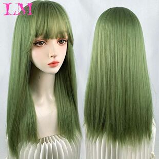 LM Long Straight Synthetic Green Wigs For Women With Fringe