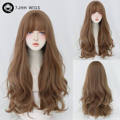 7JHH WIGS Honey Brown Wigs with Neat Bangs High Density Synt