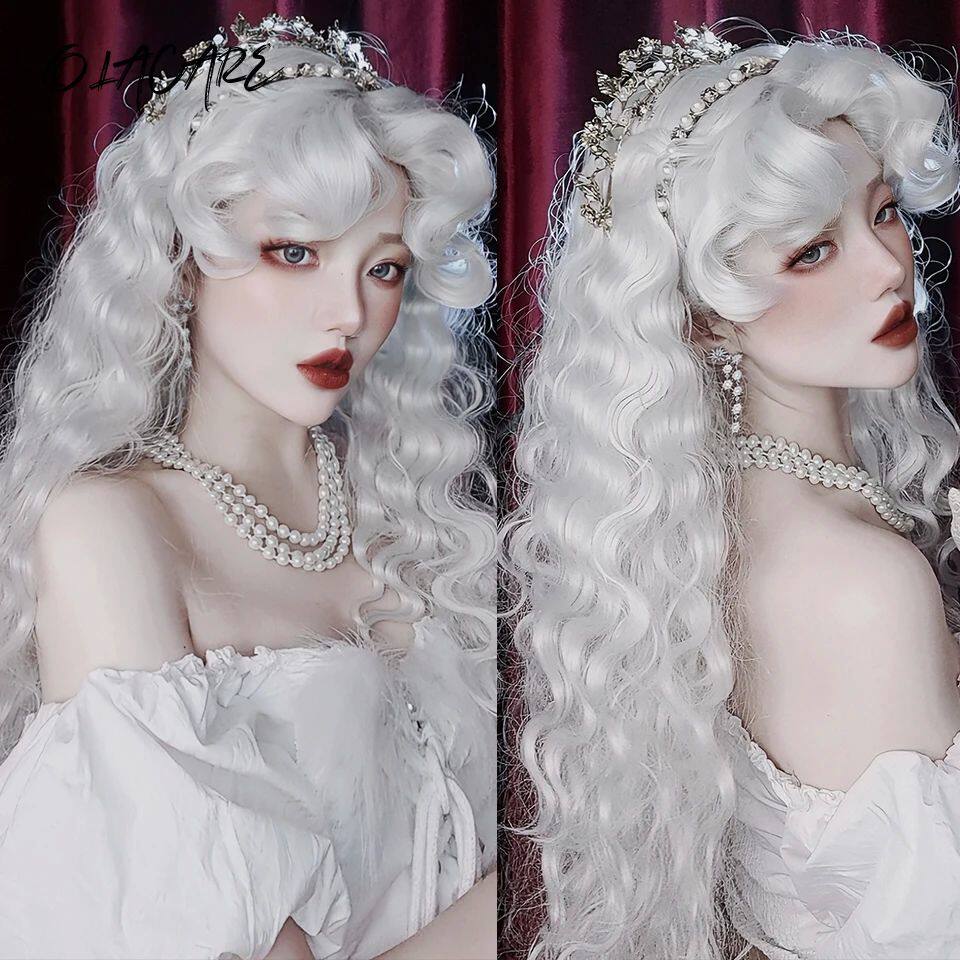 Long Curly Wave Wig with Bangs White Colorful Cosplay Silky