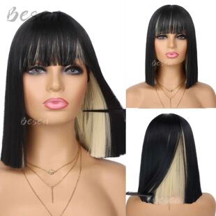 Wig Bob Peekaboo Straight Bangs Short with Synthetic