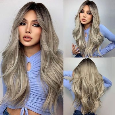 Brown Blonde Ombre Natural Hair Wigs for Women Long Wavy Wit
