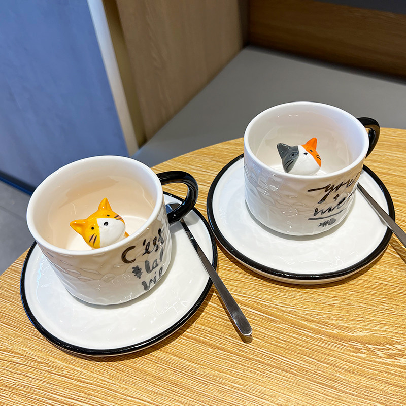 创意卡通动物3D猫咪陶瓷杯手绘咖啡杯茶杯马克杯耐高温套装带小碟