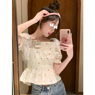 TYST法式荷叶边方领泡泡袖衬衫女夏收腰显瘦甜辣妹一字肩碎花上衣