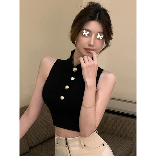 TYST半高领紧身无袖针织背心女装新款收腰显瘦打底衫气质短款上衣