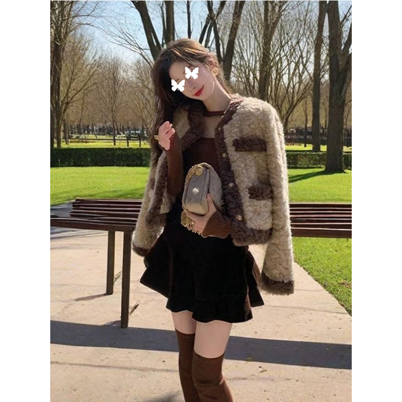TYST小香风羊羔毛外套女冬季新款高质感仿皮草短款时尚加厚上衣