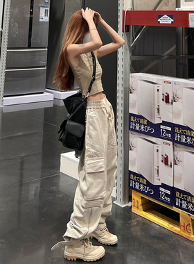 TYST美式高街多口袋白色工装裤女潮牌新款设计感宽松直筒休闲裤子