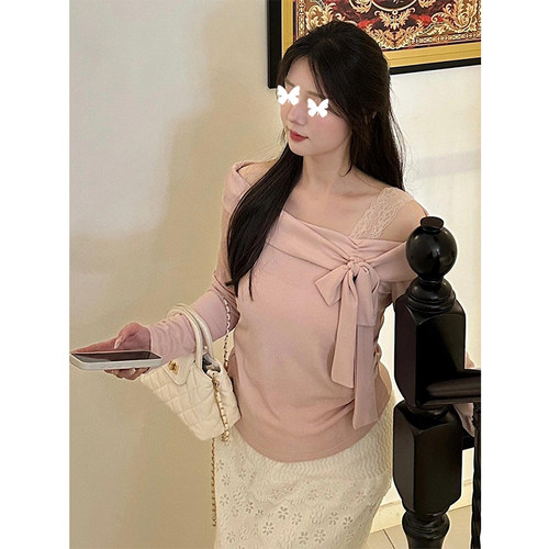 TYST大码一字肩纯欲T恤女新款夏季胖MM蝴蝶结露肩短袖甜妹上衣女