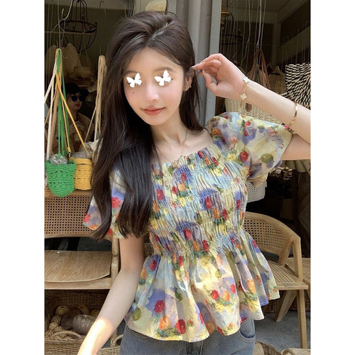 TYST复古油画碎花泡泡袖短袖上衣方领收腰显瘦别致设计感衬衫女
