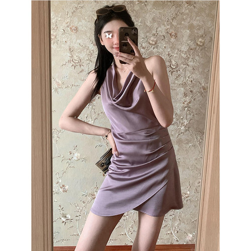 TYST法式抽褶设计荡领紫色收腰修身挂脖连衣裙女夏季气质显瘦短裙
