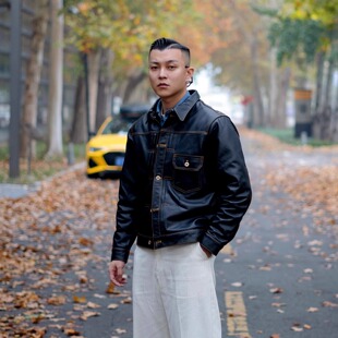 皮夹克茶芯牛皮真皮外套 工装 复古做旧男士 机车皮衣翻领短款