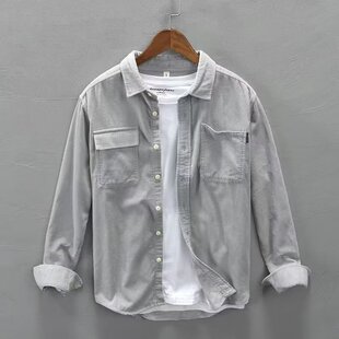 春秋季纯色条绒衬日系灯芯绒长袖衬衫衣男装休闲上衣服外套潮男款