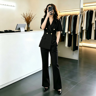 XZ211-短袖薄款西装外套大码女装胖MM西服工作服喇叭裤职业套装