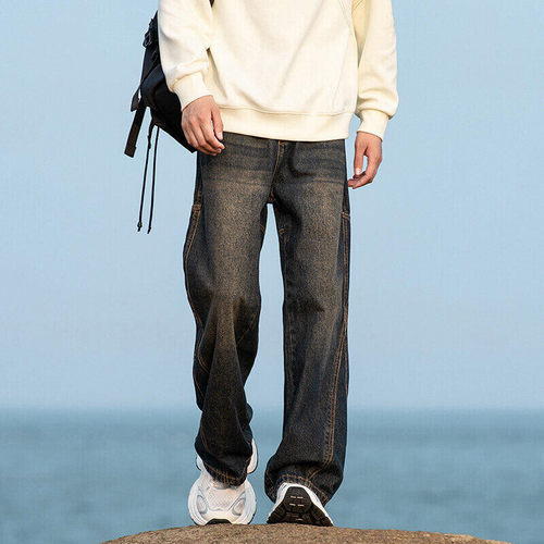美式复古赤耳丹宁蓝色牛仔裤男宽松设计感直筒裤24XK66831特批43