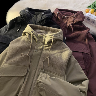 MY1500-P175 23新款平铺假两件羊羔毛拼接工装连帽棉衣外套