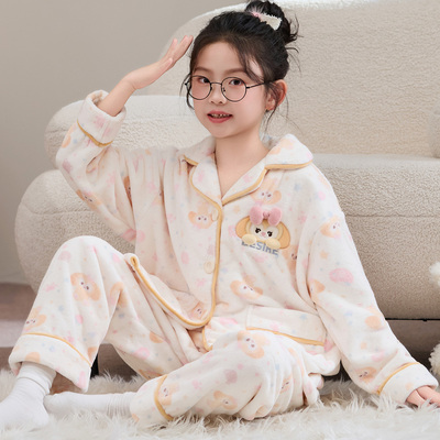 加厚款儿童睡衣女2025新款加绒秋冬季法兰绒女童冬款珊瑚绒家居服