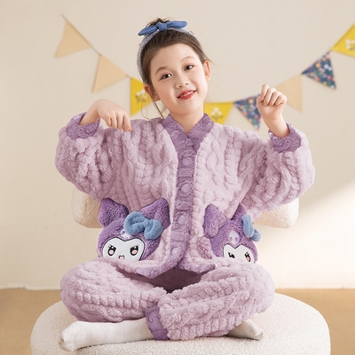 2025新款女童睡衣秋冬季法兰绒加厚款儿童女孩中大童珊瑚绒家居服