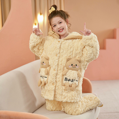 儿童睡衣女孩2025新款冬季三层夹棉加绒加厚珊瑚绒女童家居服冬款