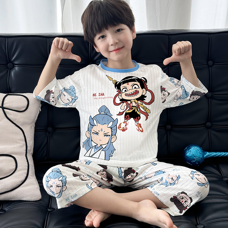 哪吒敖丙儿童睡衣男童夏季纯棉中小童男孩空调服七分袖家居服套装