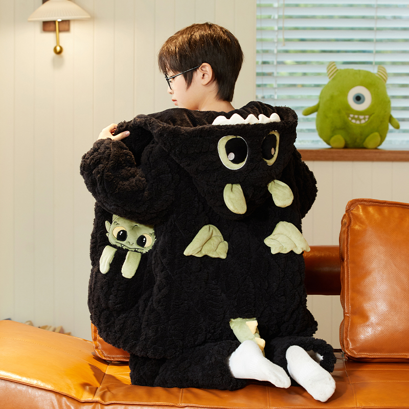 三层夹棉睡衣女秋冬季加绒加厚女童2025新款珊瑚绒儿童连帽家居服